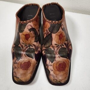 Vintage CEM Brown Floral Leather Slip On Mules Clogs Size 8.5 Brazil